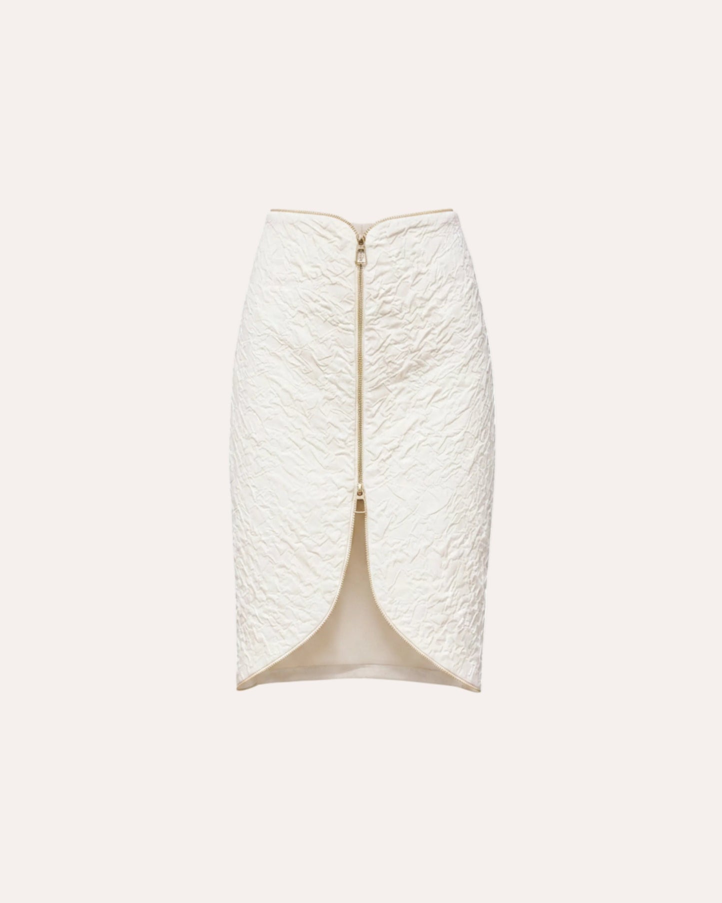 An off-white textured crinkled wrap skirt with a front zipper, shown on a plain white background.