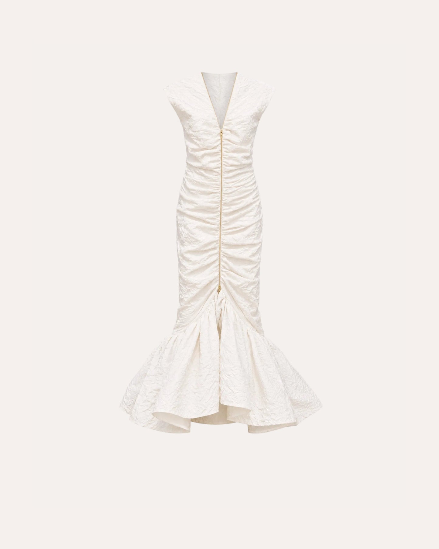 An off-white textured sleeveless dress with a deep V-neckline, front ruching, and a flared mermaid-style hem, shown against a plain white background.