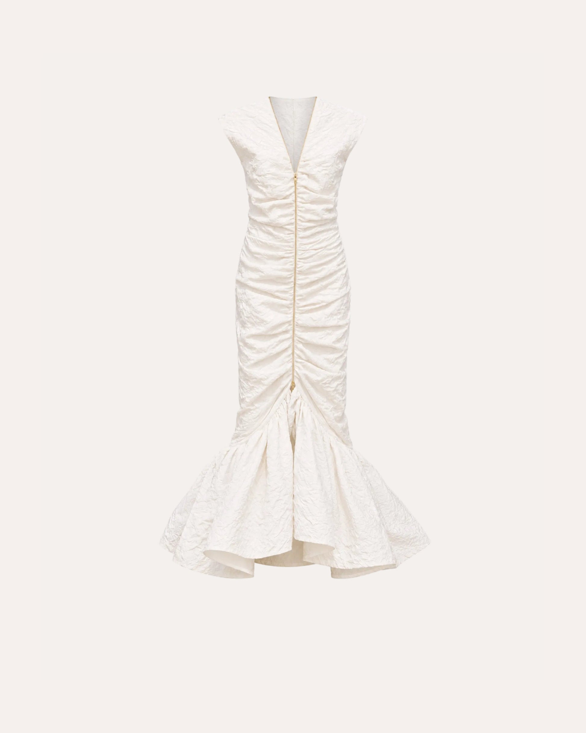 An off-white textured sleeveless dress with a deep V-neckline, front ruching, and a flared mermaid-style hem, shown against a plain white background.