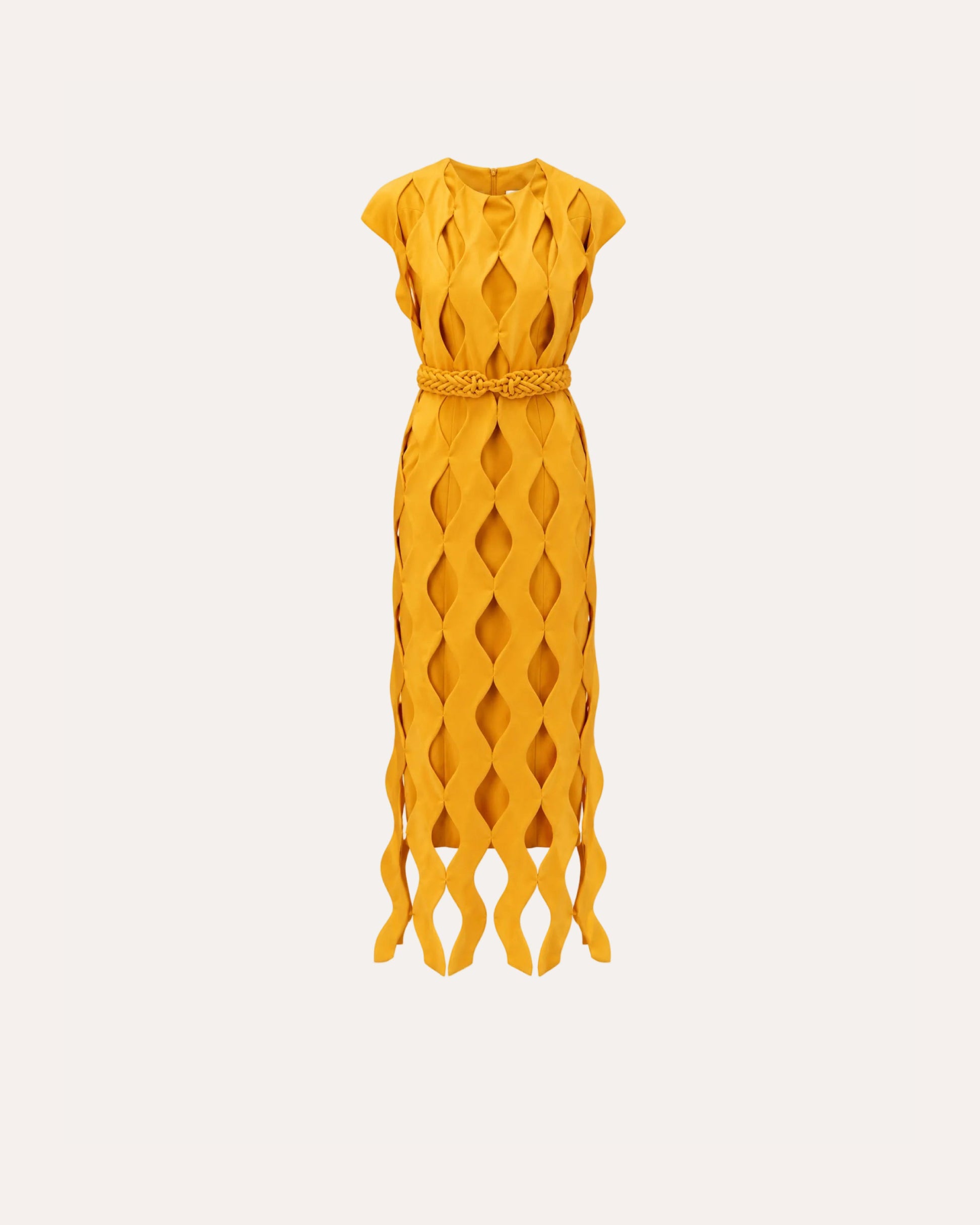 A bright yellow cutout midi dress with a braided waist belt, photographed against a solid white background.