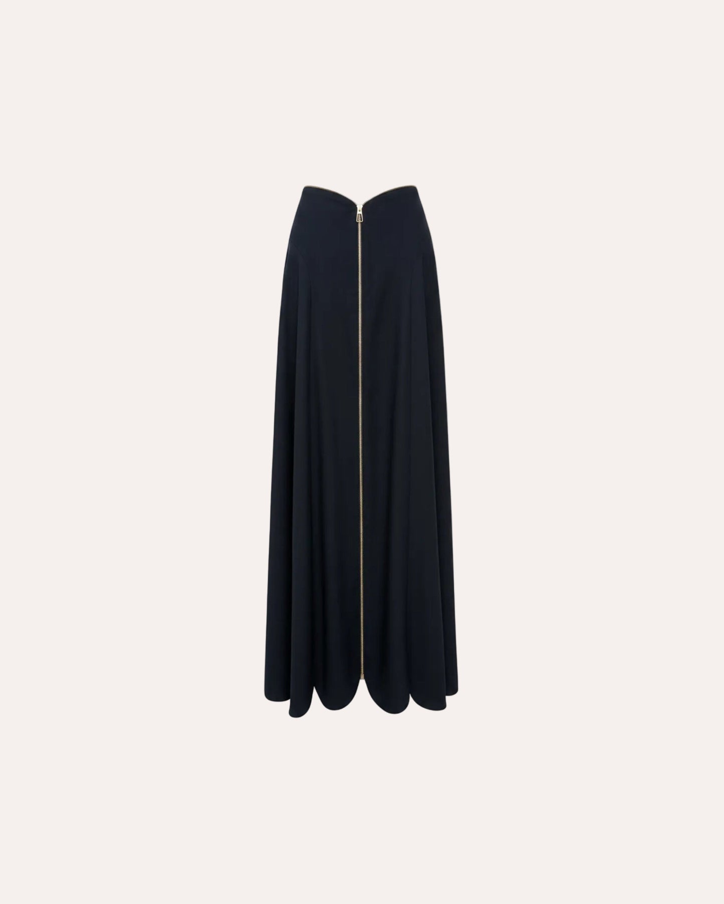 A black midi skirt with a sweetheart neckline and a prominent gold front zipper, shown against a light off-white background.