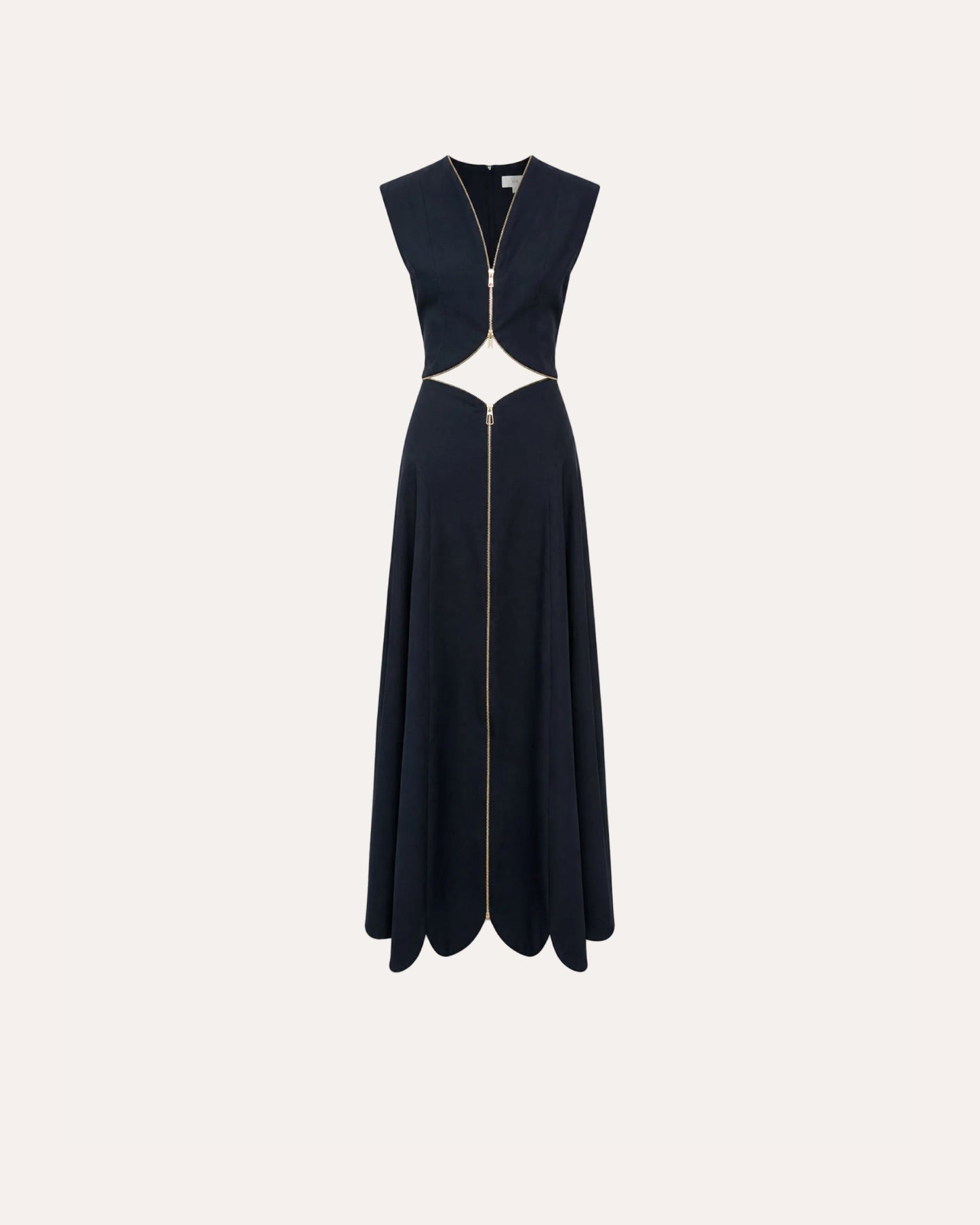 A sleeveless navy blue maxi dress with a deep V-neckline, a central front zipper, and cutout details at the waist, shown against a plain white background.