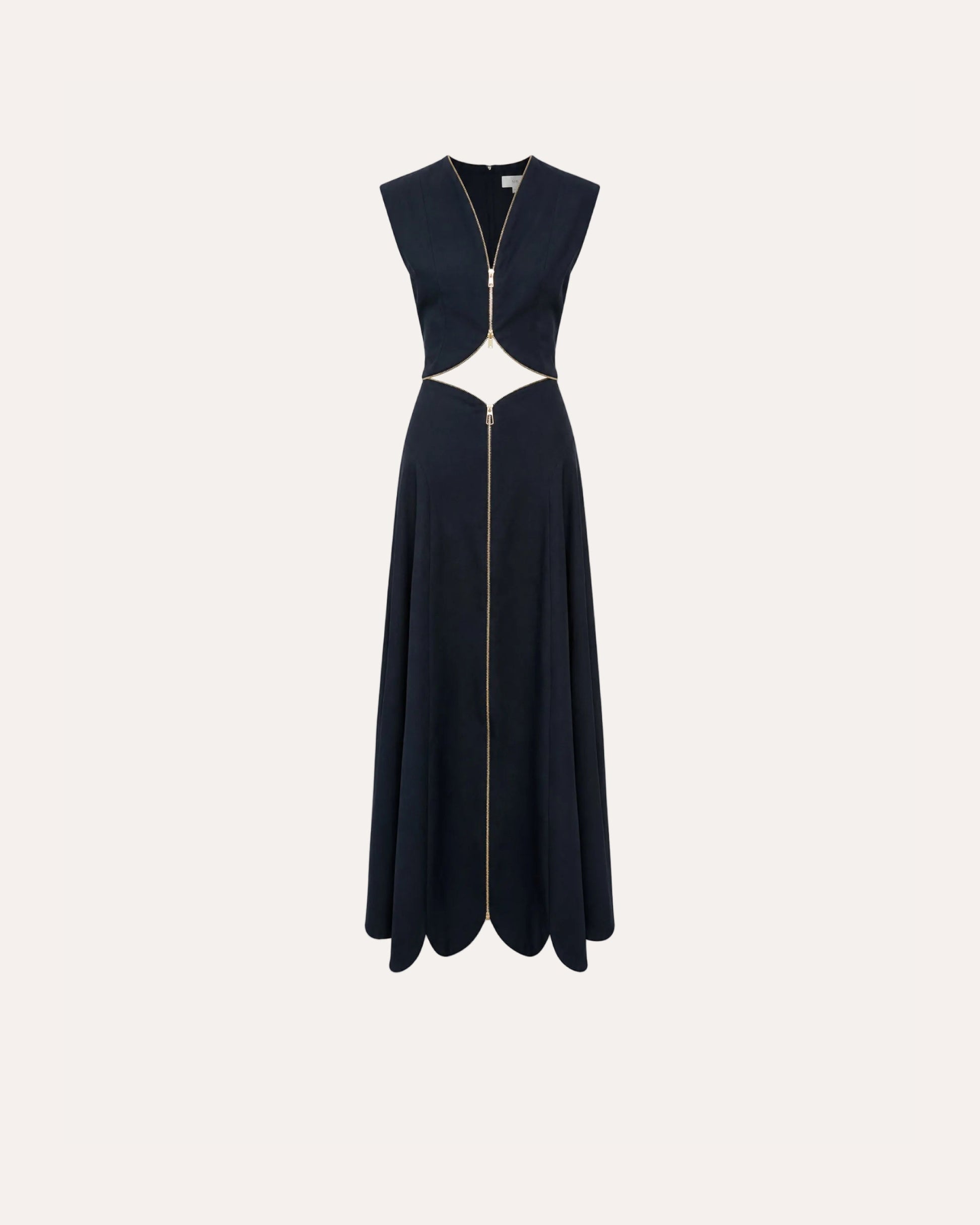 A sleeveless navy blue maxi dress with a deep V-neckline, a central front zipper, and cutout details at the waist, shown against a plain white background.